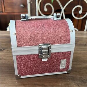 Caboodles Pink Shimmer Make Up Case with Silver Handle 6 inches Glittery Pink